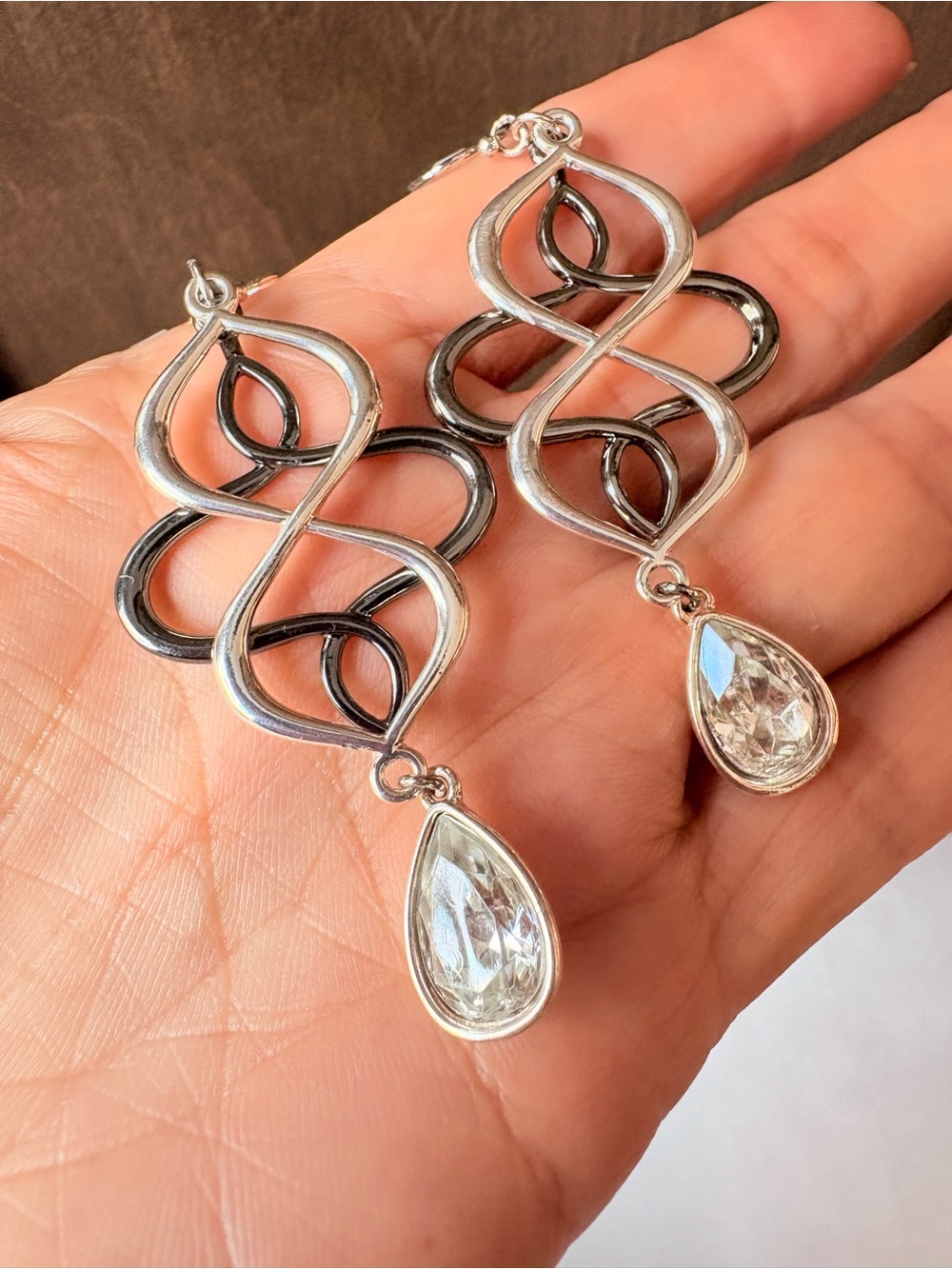 Avon Two-Tone Silver Crystal Teardrop Statement Earrings 3” NIB 2011